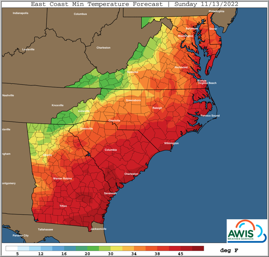 East Coast Minimum Temperature forecast for Sunday 11/13/2022.