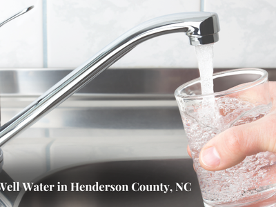 Kitchen faucet filling a glass; text: "Testing Well Water in Henderson County, NC"