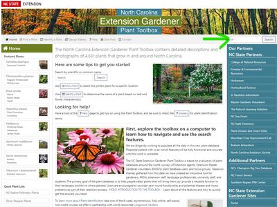 North Carolina Extension Gardener Plant Toolbox homepage with search box and featured plants
