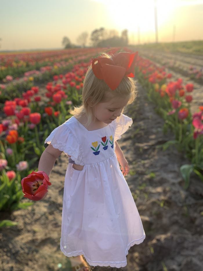 A child in a field of flowers.