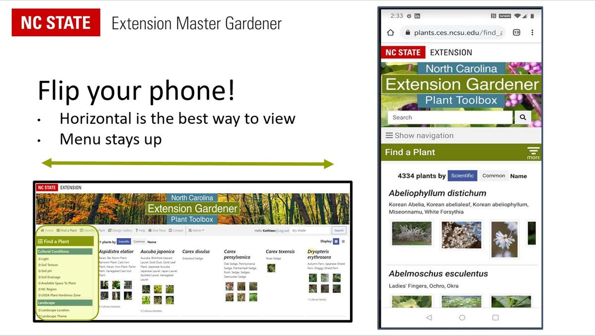 NC STATE Extension slide reading "Flip your phone!" with landscape arrow and webpage screenshots