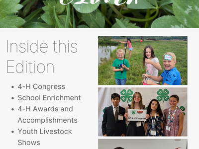 Magazine cover titled "THE DAVIE CLOVER" showing children in 4‑H photos and a contents list