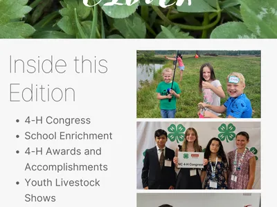 Magazine cover titled "THE DAVIE CLOVER" showing children in 4‑H photos and a contents list
