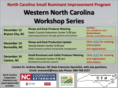List of Small Ruminant Workshops - Dec.12 - Bryson City, Dec. 13 - Burnsville, Dec. 14 - Canton