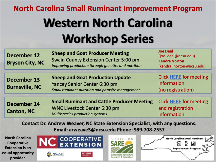 List of Small Ruminant Workshops - Dec.12 - Bryson City, Dec. 13 - Burnsville, Dec. 14 - Canton