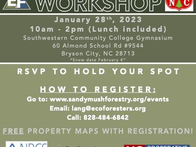 Forest Landowner Workshop — Jan 28, 2023, 10am–2pm, Bryson City; RSVP: sandymushforestry.org