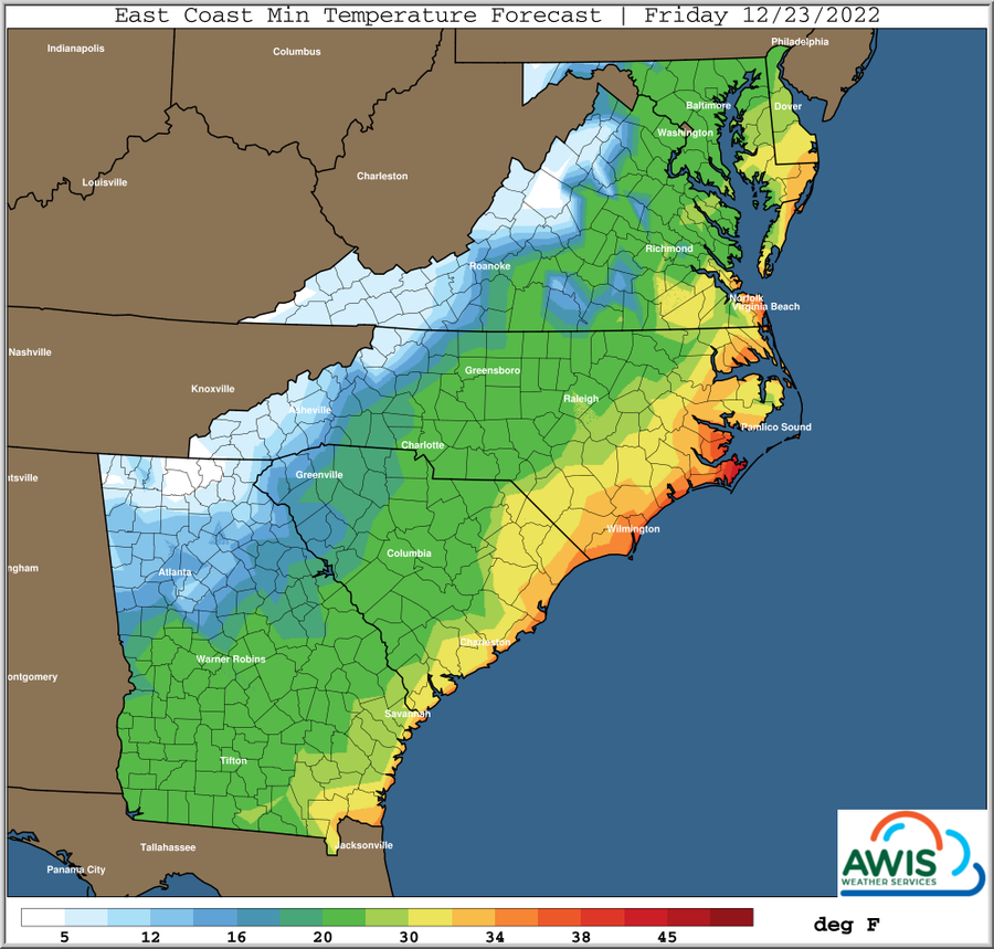 East Coast Min Temperature Forecast Friday 12/23/2022