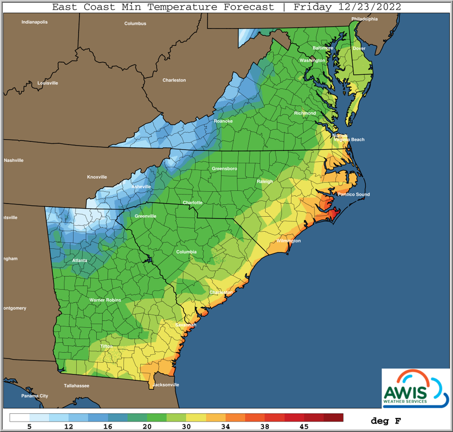  East Coast Min Temperature Forecast Friday 12/23/2022 