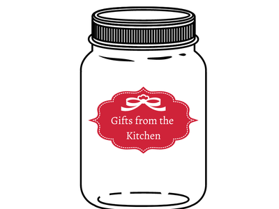 Mason jar with red label reading "Gifts from the Kitchen"