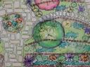 Hand-drawn landscape plan showing drawings of trees, shrubs, groundcovers and hardscape.
