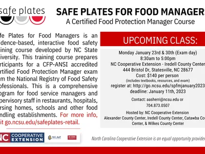 SAFE PLATES FOR FOOD MANAGERS course — Upcoming class Jan 23 & 30; cost $140; register online.