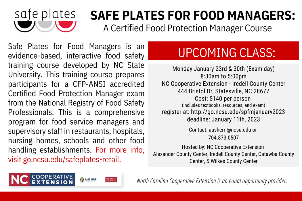 SAFE PLATES FOR FOOD MANAGERS course — Upcoming class Jan 23 & 30; cost $140; register online.