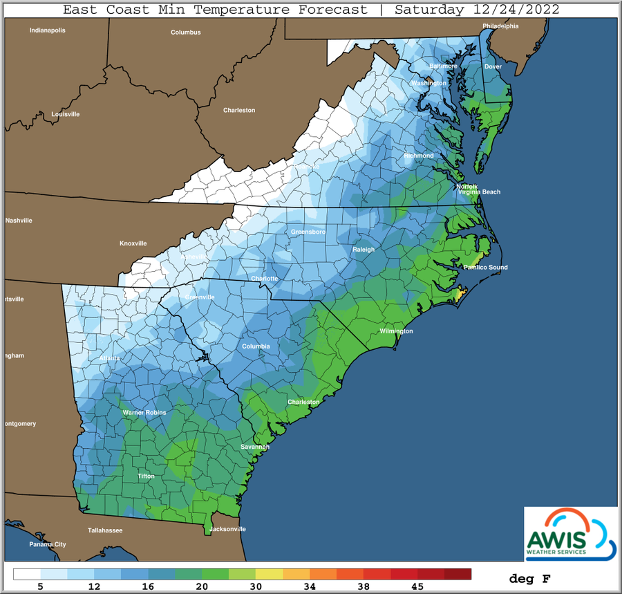 East Coast Min Temperature Forecast  Saturday 12/24/2022
