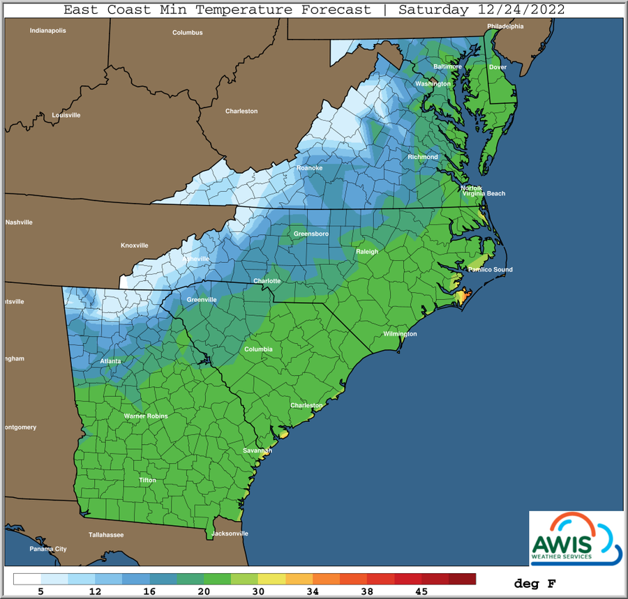 East Coast Min temperature Forecast, Saturday 12/24/2022