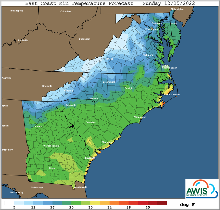 East Coast Min Temperature Forecast Sunday 12/25/2022