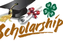 Graduation cap, diploma with red ribbon, 4‑H four‑leaf clover, and the word "Scholarship"