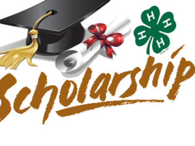Graduation cap, diploma with red ribbon, 4‑H four‑leaf clover, and the word "Scholarship"