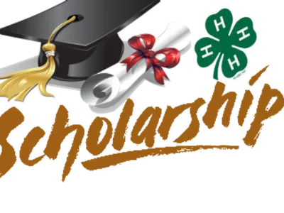 Graduation cap, diploma with red ribbon, 4‑H four‑leaf clover, and the word "Scholarship"