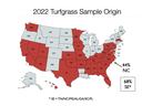 Map of 2022 turfgrass sample origins by US state; 44% NC, 68% SE (TN/NC/MS/AL/GA/SC/FL)