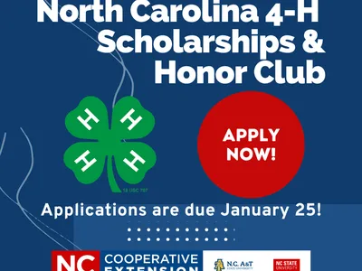 Image is a promotion for the NC 4-H scholarship and Honor Club application.