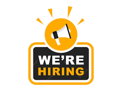 Megaphone icon above a sign that reads "WE'RE HIRING"