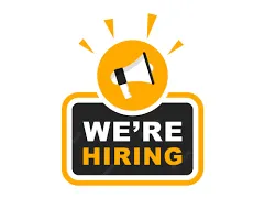 Megaphone icon above a sign that reads "WE'RE HIRING"