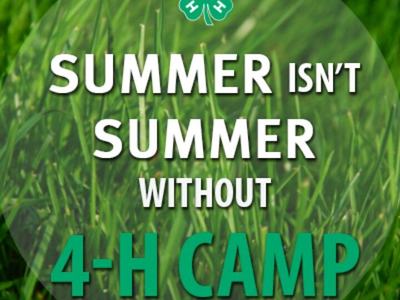 Grass background with text "SUMMER ISN'T SUMMER WITHOUT 4‑H CAMP" and 4‑H clover logo