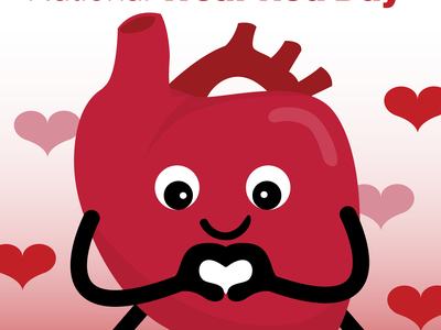 Anthropomorphic red heart making a hand-heart gesture; text "National Wear Red Day"