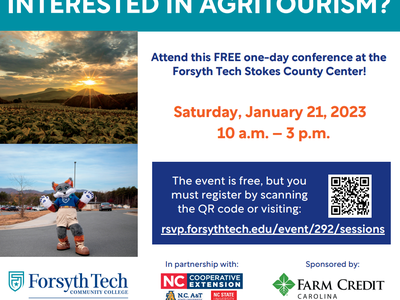 Free agritourism conference Jan 21, 2023 10am–3pm; register: rsvp.forsythtech.edu/event/292/sessions