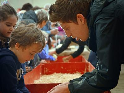 Adult handing a chick to a child over a wood-shavings pen at an indoor farm