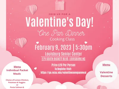 Valentines Day pink background1-Pan Dinner Cooking Class flyer with date, time and registration information.
