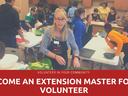 Volunteer assisting with youth cooking class. Text stating: Volunteer in your community become and Extension Master Food Volunteer