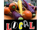 Purple, yellow, and orange carrots and round roots above "LOCAL" and "FOODS • PLANTS • PEOPLE"