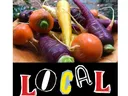 Purple, yellow, and orange carrots and round roots above "LOCAL" and "FOODS • PLANTS • PEOPLE"