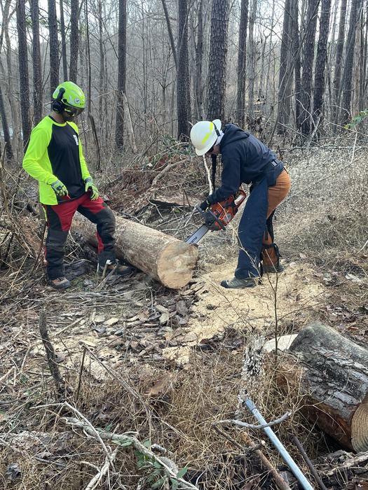 Lead instructor Joe Mattox, Safe Steps, instructing participant on using a saw to cut a tree cookie.