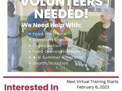 NC State Extension Master Food Volunteers flyer: VOLUNTEERS NEEDED; virtual training Feb 6, 2023.