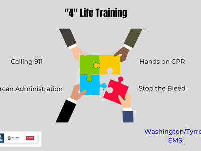 "4" Life Training" title; four hands assemble a 4-piece puzzle; labels: Calling 911, Hands on CPR, Narcan, Stop the Bleed