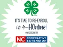 Image of four leaf clover with white h's representing 4-H plus red and navy Cooperative Extension logo in a white starburst promoting 4-H Online enrollment.