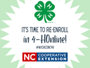 Image of four leaf clover with white h's representing 4-H plus red and navy Cooperative Extension logo in a white starburst promoting 4-H Online enrollment.
