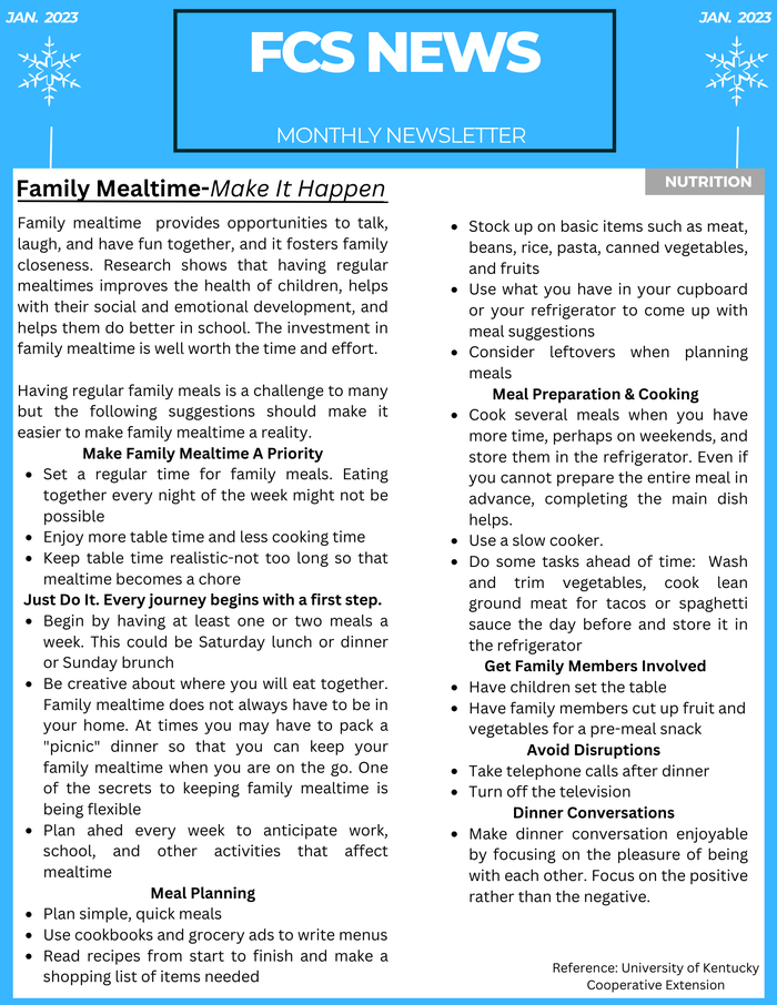 January 2023 FCS News Monthly Newsletter snowflakes background