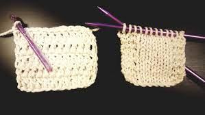 Two beige yarn swatches: left crocheted with hook, right knitted on purple needles.