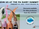 Four flavored milk bottles splashing; PA Dairy Summit Feb 8-9, 2023 State College, PA