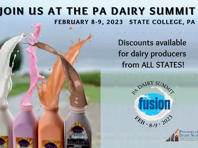Four flavored milk bottles splashing; PA Dairy Summit Feb 8-9, 2023 State College, PA