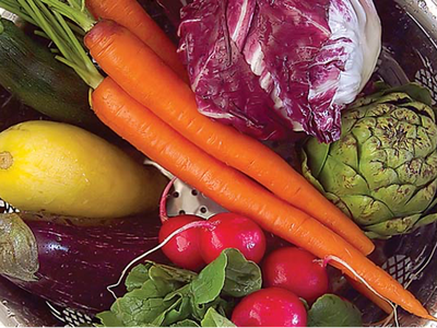 Assorted vegetables (carrots, radishes, radicchio, artichoke, eggplant, squash) in metal colander