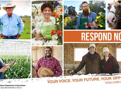 2022 Census of Agriculture collage showing diverse farmers and bold text "RESPOND NOW"