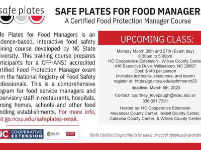 SAFE PLATES FOR FOOD MANAGERS — Class Mar 20 & 27, Wilkesboro NC; $140; register by Mar 8
