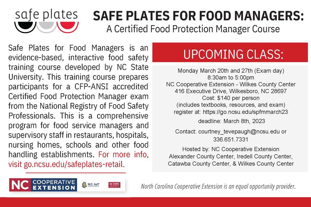 SAFE PLATES FOR FOOD MANAGERS — Class Mar 20 & 27, Wilkesboro NC; $140; register by Mar 8