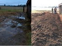 Split view: muddy field with puddles by barn; three people walking along dirt beside posts