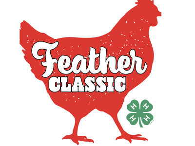 Red chicken silhouette with white text "Feather Classic" and green 4-H four-leaf clover