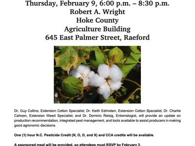 2023 Tri-County Cotton Meeting — Feb 9, 6–8:30 p.m.; Hoke County Ag Building, 645 E Palmer St, Raeford